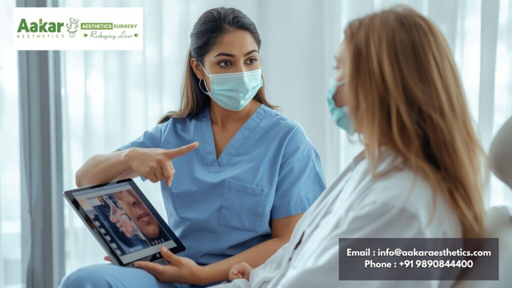 Doctor discussing cosmetic surgery results with a patient using a digital tablet at Aakar Aesthetics clinic in Nashik.